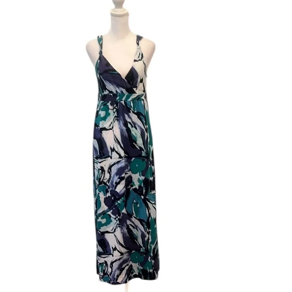 Ann Taylor szS purple turquoise white wrap bodice empire waist maxi dress EUC